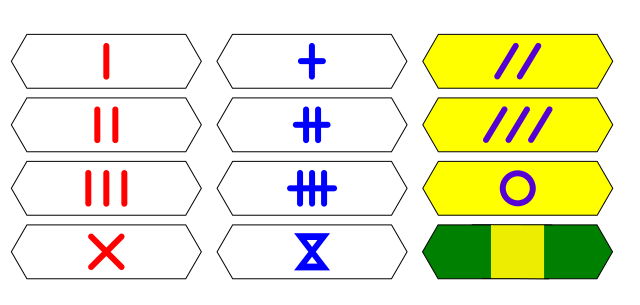 The twelve plates in the Standard Set. They represent the digits 1 to 12 (0), in ascending order from top to bottom, left to right.